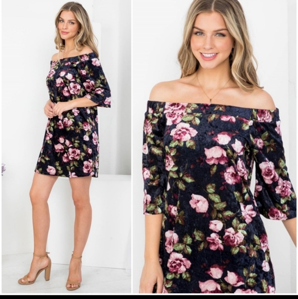 Navy/Pink Floral Print Off Shoulder 3/4 Sleeve Mini Dress
